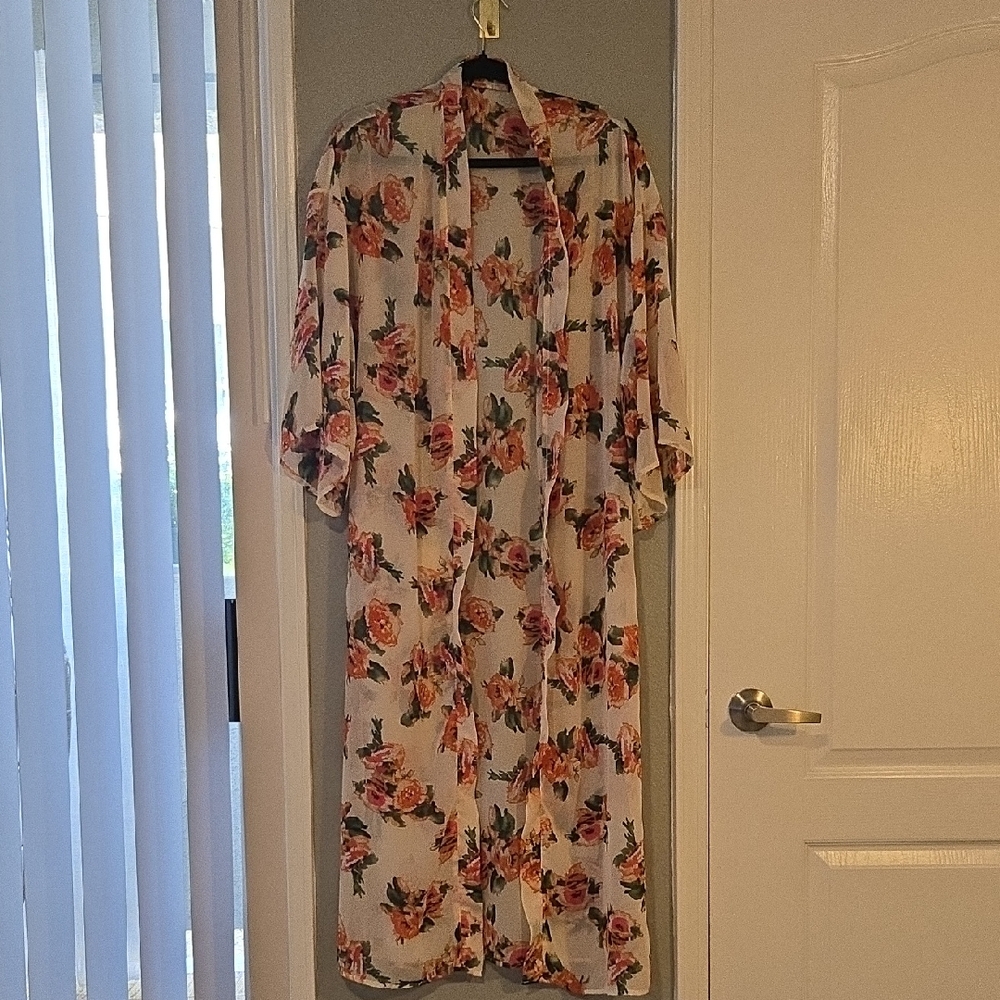 Floral Long Sheer Kimono - Ivory with Peach Rose Print